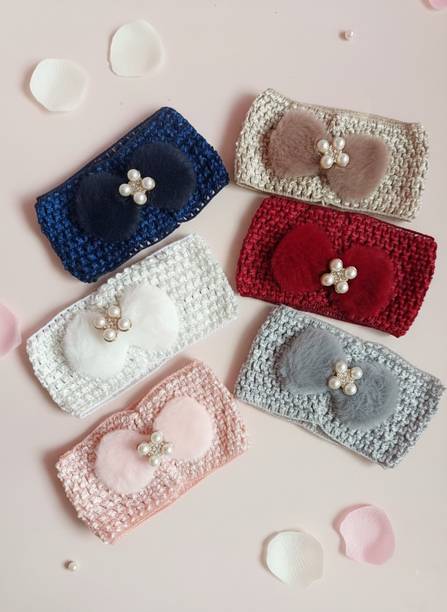 BUY TO SHINE Baby Crochet Headband Set,Faux Pom-Fur Bow & Pearl hairband SET OF 6 Head Band