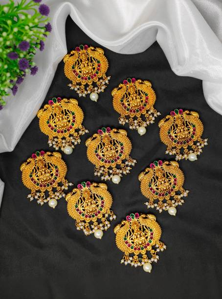 Nagneshi Art Temple Jewellery Lakshmi Gold Multicolor Ruby Pearl South Indian Hair Clip Women Hair Accessory Set