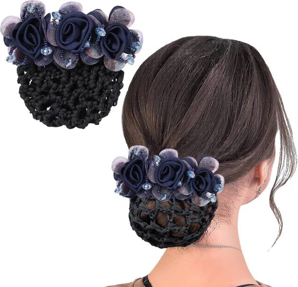 HANNEA Floral Hair Snood Net, Barrette Hair Bun Cover, Rhinestone Hair Bun Clips Hair Clip