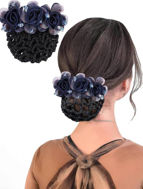 HANNEA Floral Hair Snood Net, Barrette Hair Bun Cover, Rhinestone Hair Bun Clips Hair Clip