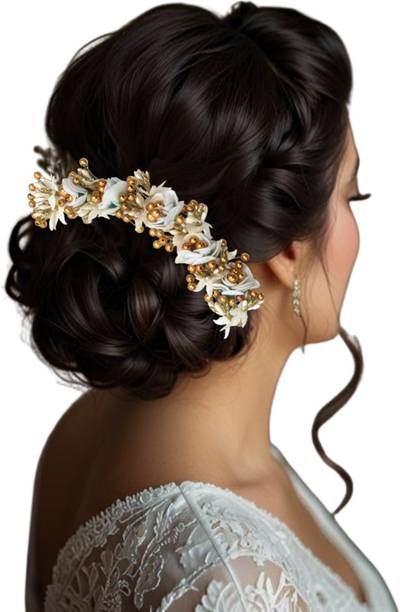 AccessoZone Premium White Luxe Rose Juda Gajra – Golden Pearl Bridal Floral Hair Accessory Set