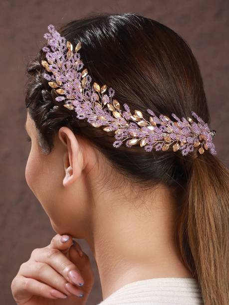 SARAF RS JEWELLERY Gold Toned Purple Pearl Embedded Statement Hair Comb Pin Hair Accessory Set