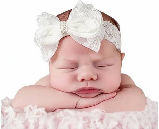 EvoNest White Crystal Lace Bow Headband | Premium & Stylish | Baby Girls (6-12M) Hair Band