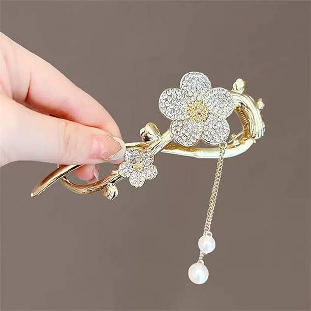 Rudra Korean Rhinestone Golden Pearl Banana Hair Claw | Clip for Women | Girls Gift Banana Clip
