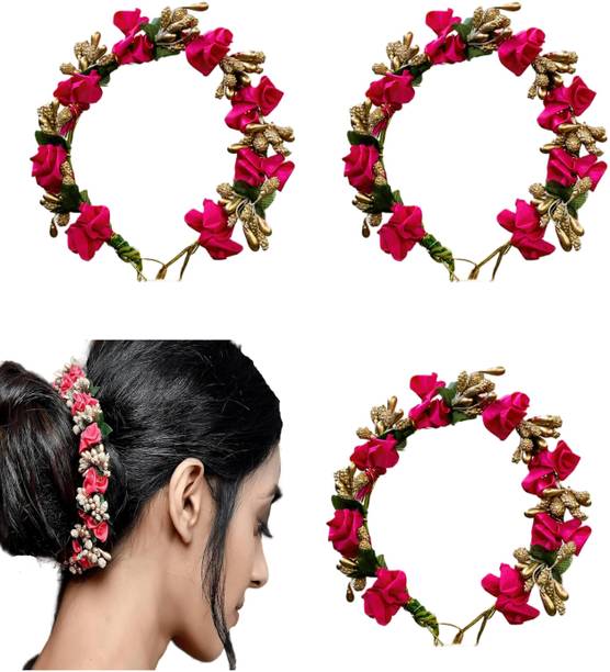 Fezzalo 3 Pcs Floral Gajra Veni Crown Tiara Headband/ Juda Maker for Girl Hair Band