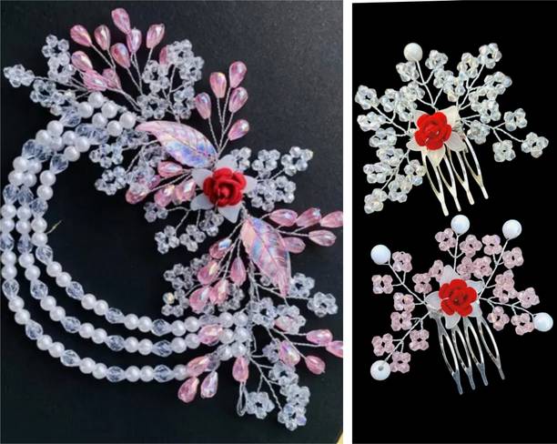 Lunox multicolour crystal tiara with pink & white 2 pic juda comb Hair Accessory Set