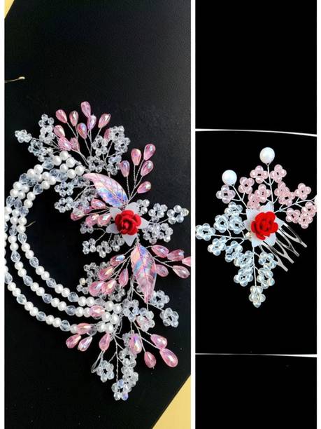 Lunox multicolour crystal tiara with pink & white 2 pic juda comb Hair Accessory Set