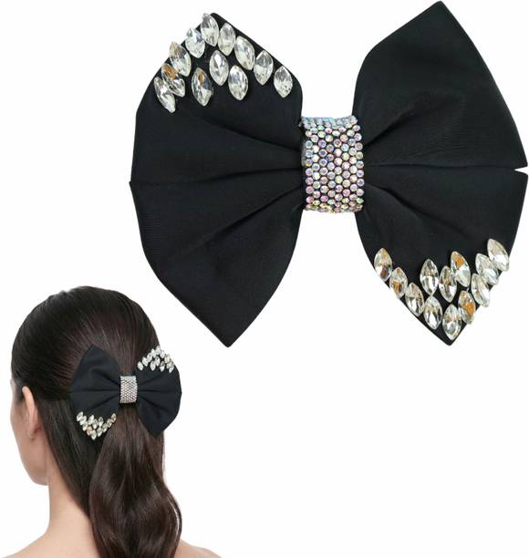 Fashion Alley Elegant Black Bow Hair Clip with Crystal Stone Embellishment Hair Clip