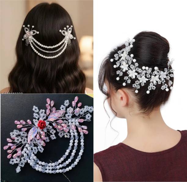 Lunox White & Multicolor Crystal Tiara with Ladi Hair Comb for Girls & Women Hair Accessory Set