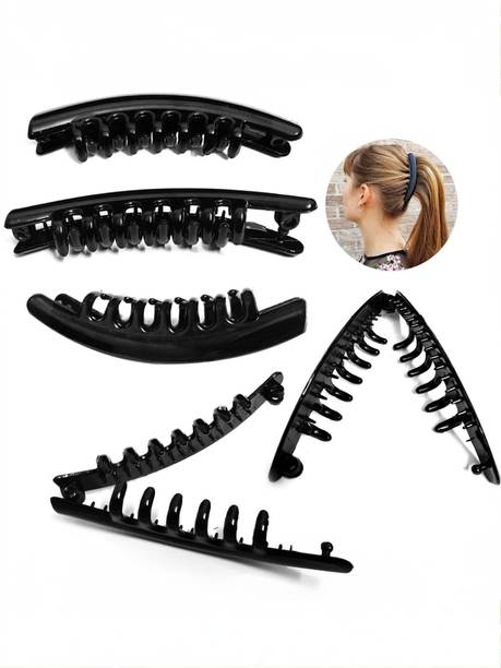 BHARATGAURAV 3 Pc Banana Pins For Hair Clips For Women And Girls Hairstyles Black Glossy Finish Self Lock Hair Clutchers Banana Clip