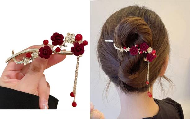 OLLIVOO 1-Pc Red Rose Clip with Chain Red Pearl Flower with Crystal For Women & Girls Banana Clip