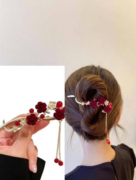 OLLIVOO 1-Pc Red Rose Clip with Chain Red Pearl Flower with Crystal For Women & Girls Banana Clip