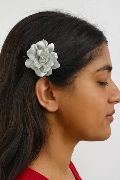 PAWANMEDICOS SilverRoseHairClip for Women Girls | Metallic Fabric Flower with Gold Bobby Pin Hair Pin