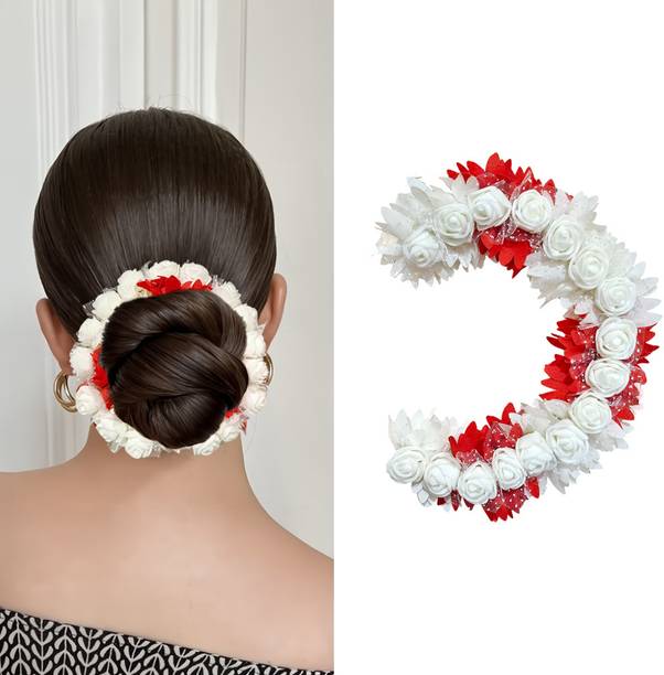 VIVIAN (Red) Artificial Bridal Rose Petal Flower Tiara Gajra Hair Juda For Women Hair Accessory Set