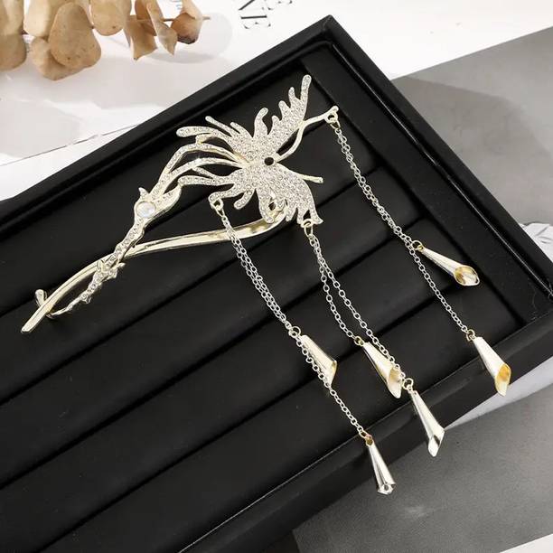 Ashkash 1Pcs New Chinese Style Glitter Golden Butterfly Tassel Wind Chime Twist Clip Banana Clip