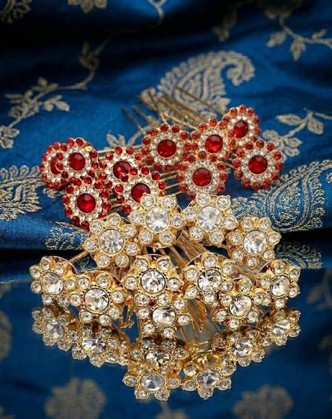 ISHVIKCREATIONS Bridal Stone Studded Hair | Golden & Red Juda Pins | Wedding & Party Hair Pin
