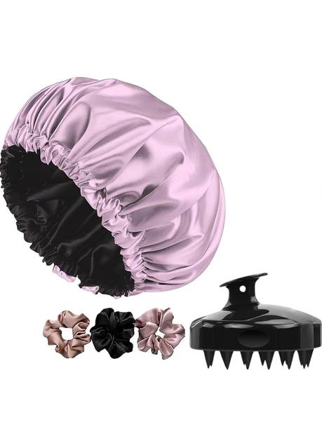 Nyala Silk Satin Hair Cap Reversible With 3 Scrunchies & Hair Scalp Massager Brush Hair Accessory Set