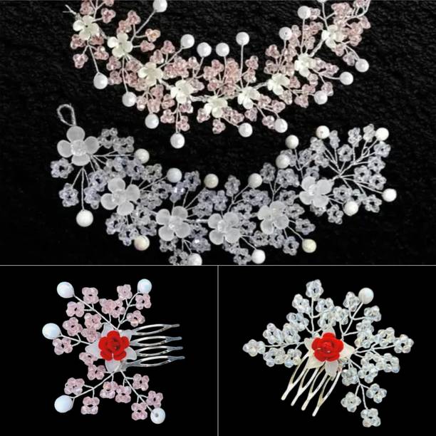 Lunox Pink White Tiara & Comb Set Bridal Hair Accessories Combo for Girls & Women Hair Accessory Set