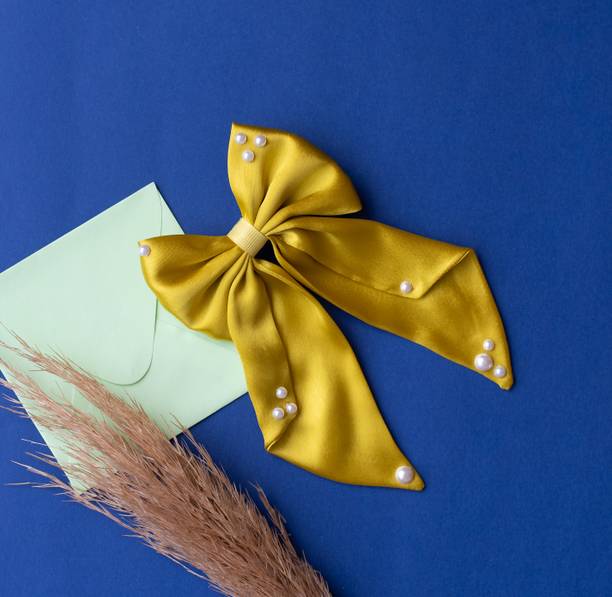 RibbonCandy Big fancy satin bow on alligator clip embellished with pearls - Yellow Hair Clip