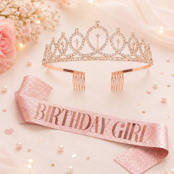 aadhya enterprise Rose Gold Birthday Crown & Sash Set, Crystal Rhinestone Tiara With Glitter Sash Hair Band