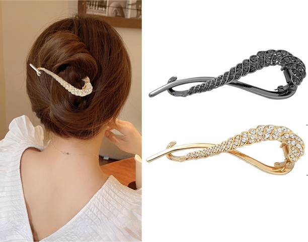 OLLIVOO 2-Pc Rhinestone Hair Clip French Banana Clip Non Slip Hair Accessories For Women Banana Clip