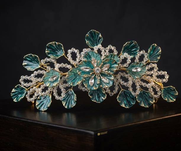 TVASHTA Premium Sea Blue Flower Hair Tiara for Wedding & Bridal Hairstyle Hair Accessory Set