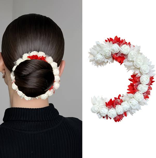 VIVIAN Rose Petal Flower Tiara Gajra Hair Juda For Women (Red) Hair Accessory Set