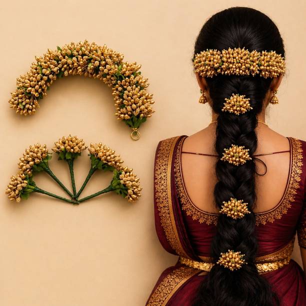 FLYDER Artificial Flower Gajra Veni Golden Hair Juda Stylish Women Girls Trendy Party Hair Accessory Set