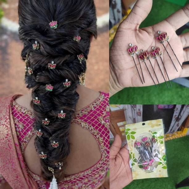 silkcrown LOTUS FLOWER HAIR PINS | kundan hair pins PACK OF 10 [PINK] Hair Pin