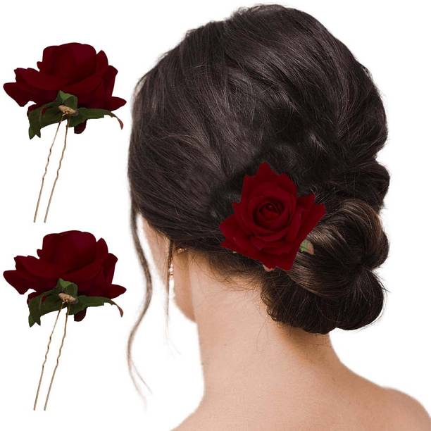 TheMagicHug Hair Accessories For Women & Girls - Stylish Red Rose U Pin Wedding & Party 2Pcs Hair Pin