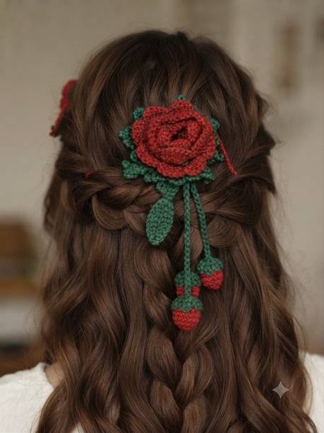Shiviuniq collection Handmade Crochet Rose Hair Clip with Hanging Berries for Women & Girls Hair Clip