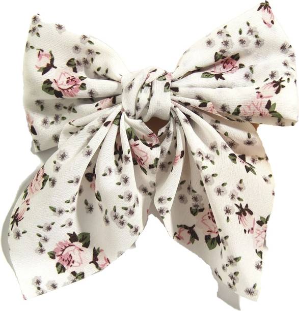 Oomph White & Pink English Rose Design Large Bow Hair Clip