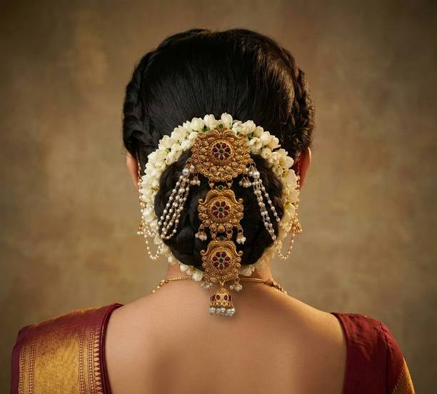 Aaiku Traditional Gold Plated Temple Style Bridal Juda Pin, Khopa, Brooch Pin Hair Accessory Set