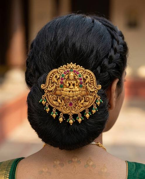 Momique Traditional South Indian Gold Bridal Hair Bun Accessory with Goddess Design Hair Clip