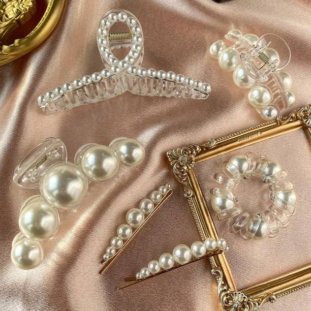 Mana 5psc Pearl Hair Accessories set Large Hair Claws, Nonslip Decorative Bobby Pins Hair Claw