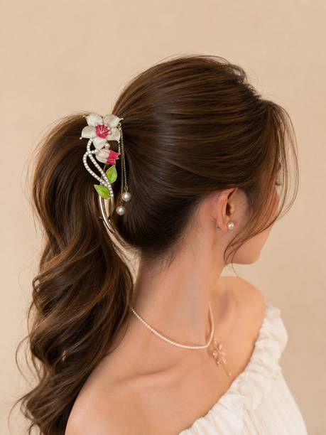 hautehandles Elegant Floral Pearl Embellished Metal Banana Hair Clip for Women Banana Clip
