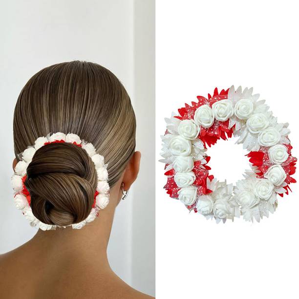 VIVIAN Bridal Rose Petal Flower Tiara Gajra Hair Juda For Women (Red) Hair Accessory Set