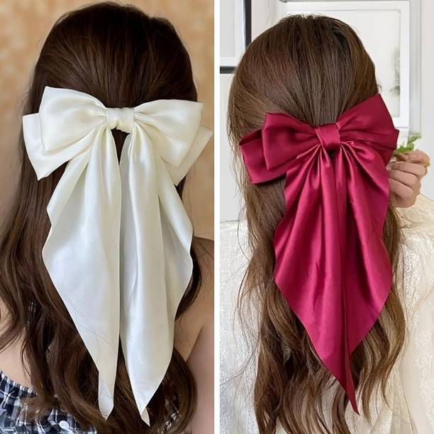 ChicTresses Red & Off White, Premium Hair Bows for Women, Bow Clips for Women, Satin Bow Hair Clip