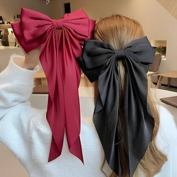 Dreamish Hair Accessories Pack of2 Satin Long Ribbon Double Bow Hair Clip for Women Girls Hair Accessories Hair Clip