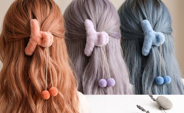 EES Enterprises Y-Shape Hair Clip for Women & Girls | Soft Furry Hairpin with Pom-Pom Tassel Hair Clip
