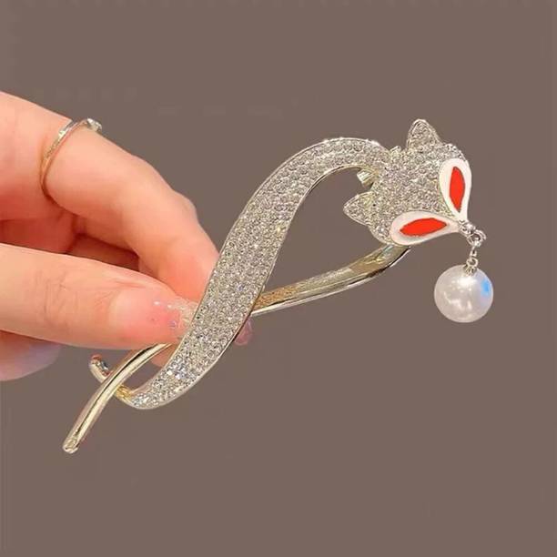 Ashkash 1Pcs Crystal/Pearl Intelligent Fox with Dangling Pearl 11.5cm Metal Bun Clip Banana Clip