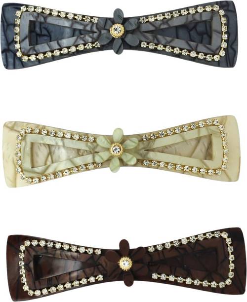 Dressberry Set of 3 Elegant Marble finish Bow design Hair Clips with Rhinestone Accents Hair Pin