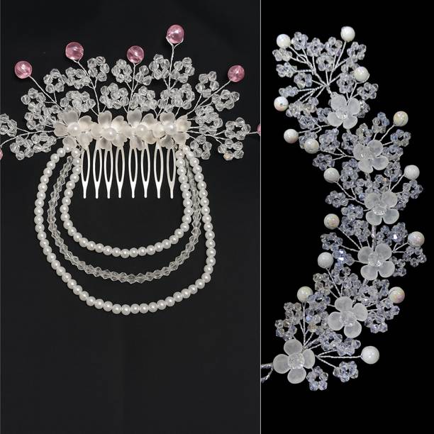 Lunox white crystal tiara with white pearl hair decoration comb for women & girls hair combo