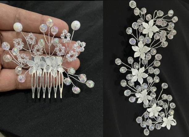 REHAN ENTERPRISES Fancy White Tiara and White Clip Hair Accessory Set