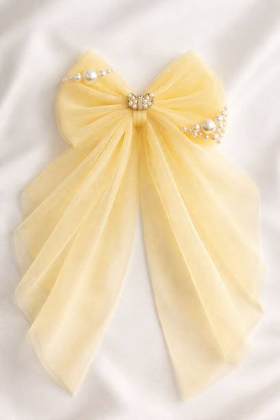 fjprime Net Bow Hair Clip for Girls & Women | Pearl Embellished Bow Hair Accessory | Hair Clip