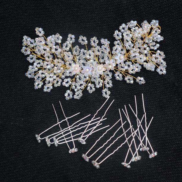 FLYHIGH Perfect Combo for Hairstyling Pear Tiara + 10 Rhinestone Pins for Girls & Women Hair Accessory Set
