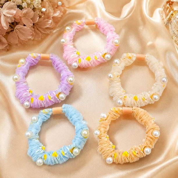 Miravika Premium Floral Pearl Organza Hair Scrunchie 5 Color Combo Rubber Band