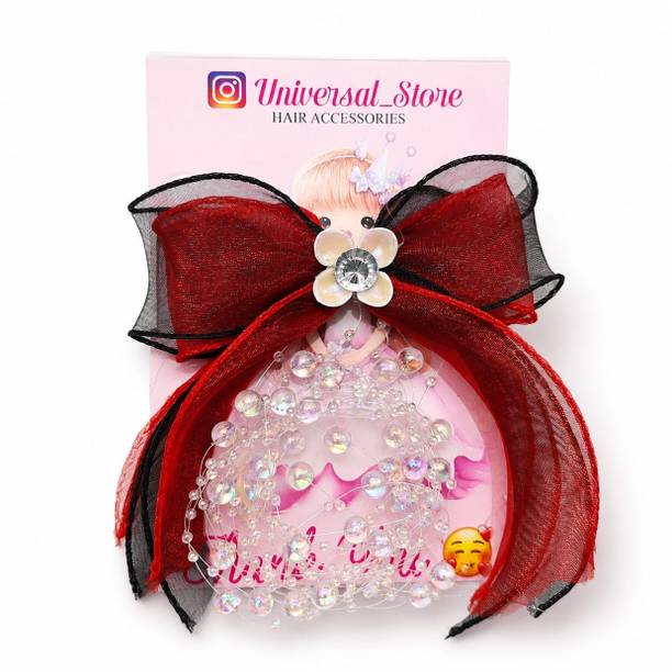 Golden international Red Organza Bow with Pearl Flower & Crystal Beaded Hanging Hair Bow Clip Hair Clip