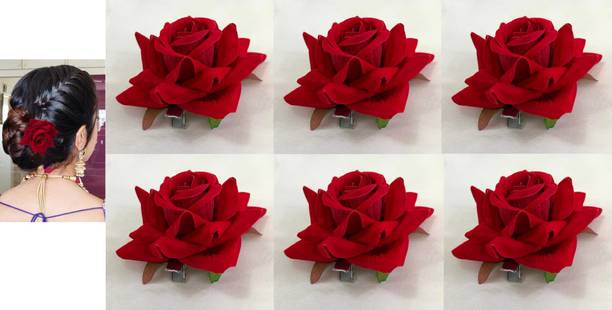 Fezzalo 6 pcs Premium Stylish Artificial Red Rose Flowers Bun Juda Hair Clips for Women Hair Clip