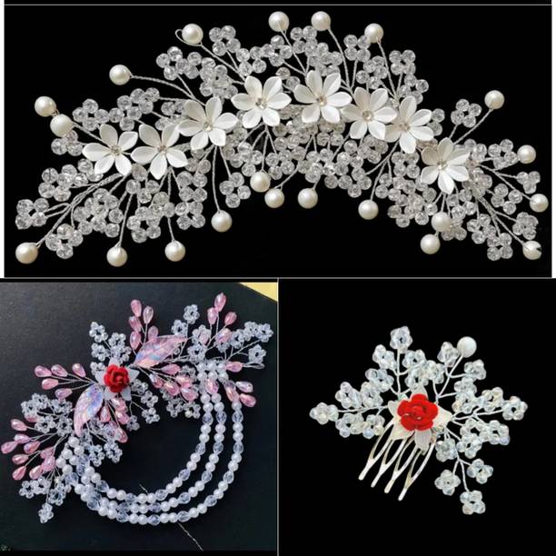 Lunox White Tiara & Multicolour Tiara_Crystal White Hair Comb Set for Women & Girls Hair Accessory Set